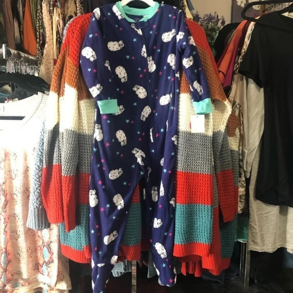 Navy sheep and star fleece footed pajamas - Picture 1 of 3